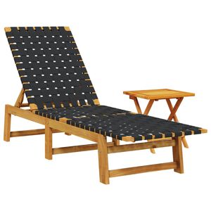 vidaXL Șezlong cu masă, negru, lemn masiv de acacia și țesătură