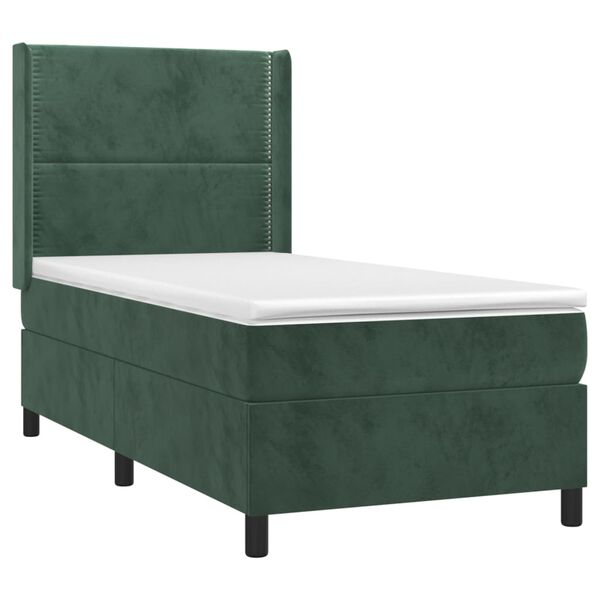 vidaXL Pat box spring cu saltea, verde &icirc;nchis, 90x190 cm, catifea