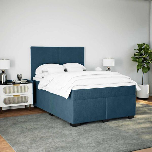 vidaXL Pat box spring cu saltea, albastru, 160x200 cm, catifea