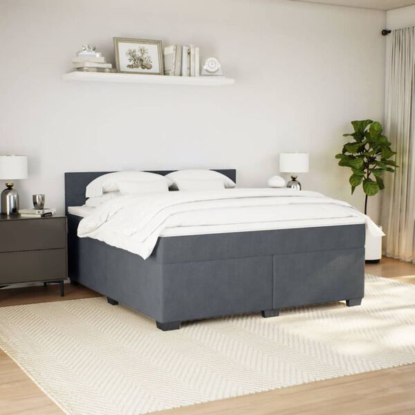 vidaXL Pat box spring cu saltea, gri &icirc;nchis, 180x200 cm, catifea
