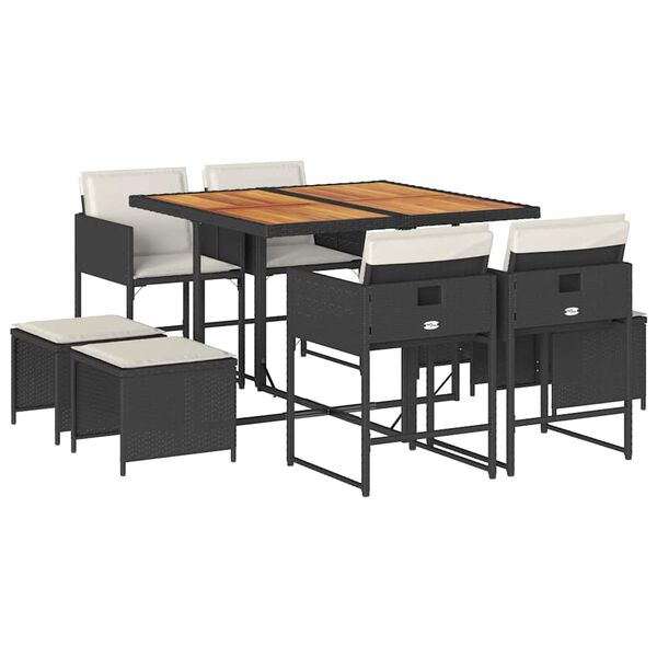 vidaXL Set mobilier de grădină cu perne, 9 piese, negru, poliratan