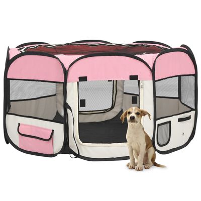 vidaXL Țarc joacă pliabil câini cu sac de transport roz 125x125x61 cm