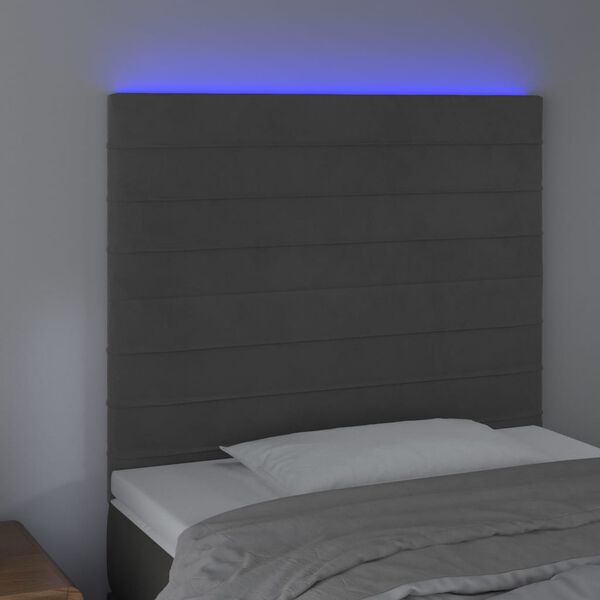 vidaXL Tăblie de pat cu LED, gri &icirc;nchis, 80x5x118/128 cm, catifea