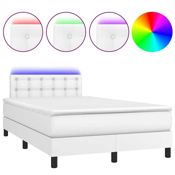 vidaXL Pat box spring cu saltea și LED, alb, 120x190 cm, piele eco