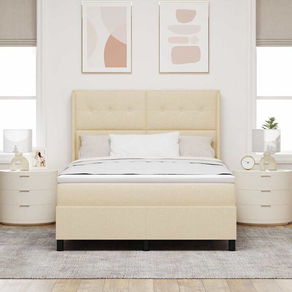 vidaXL Pat cu arcuri cu saltea cu headboard Crem 140 x 190 cm țesătură
