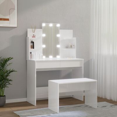 vidaXL Set măsuță de toaletă cu LED, alb extralucios, lemn prelucrat