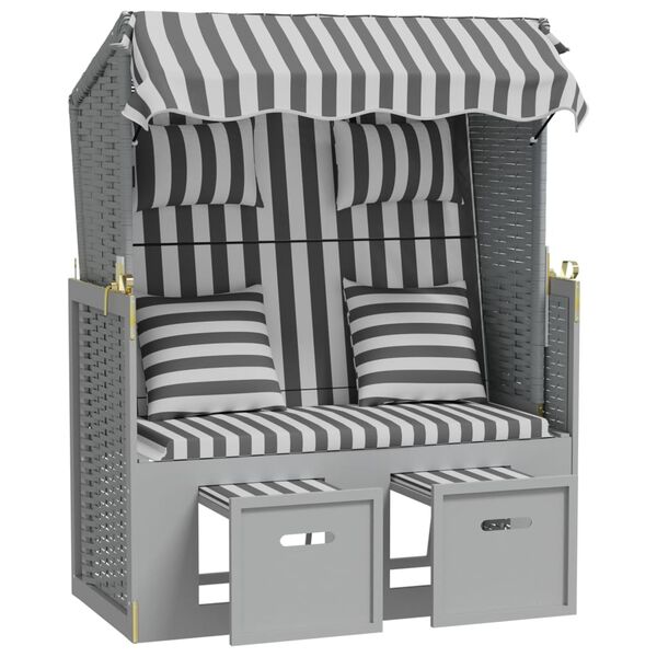 vidaXL Scaun de plajă cu perne,gri&alb, poliratan și lemn masiv