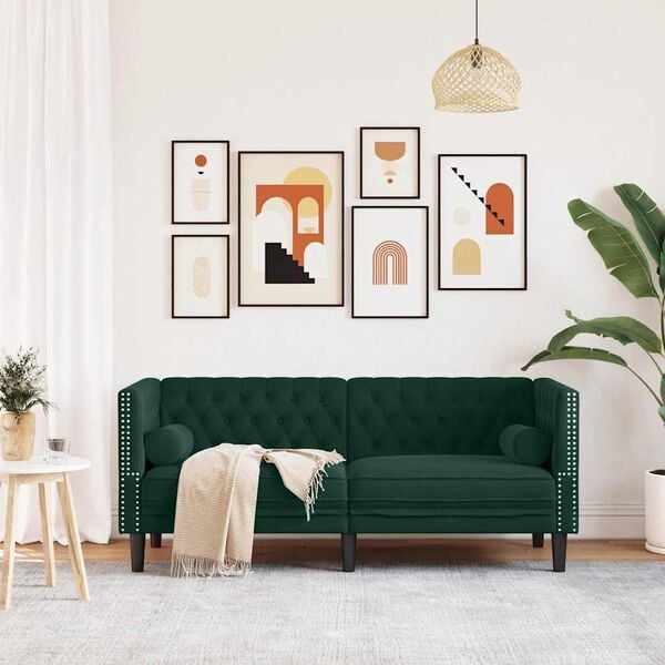 vidaXL Canapea Chesterfield cu pernuțe/2 locuri, verde închis, catifea