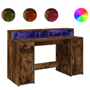vidaXL Birou cu lumini LED stejar fumuriu 140x55x91 cm lemn prelucrat