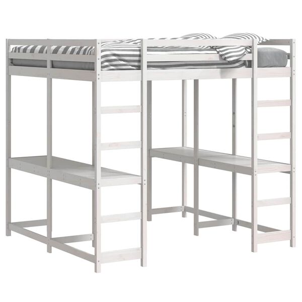 vidaXL Cadru pat supraetajat cu birou/scară, alb, 140x200 cm, lemn pin
