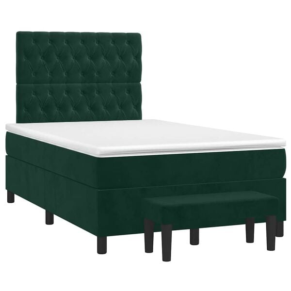vidaXL Pat box spring cu saltea, verde &icirc;nchis, 120x190 cm, catifea