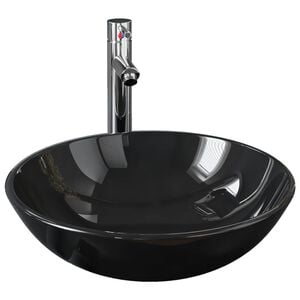 vidaXL Chiuvetă baie, robinet&scurgere tip push, negru, sticlă călită