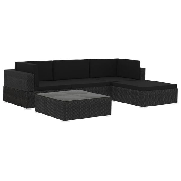 vidaXL Set mobilier de grădină cu perne, 5 piese, negru, poliratan