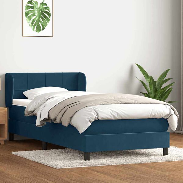 vidaXL Pat box spring cu saltea, albastru &icirc;nchis, 80x210 cm, catifea