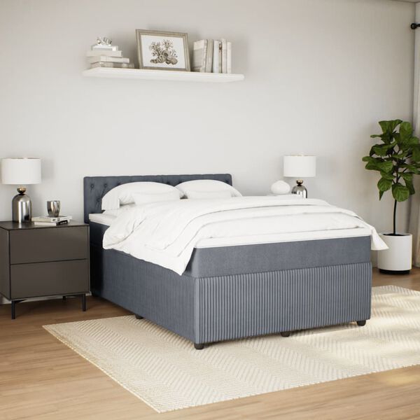 vidaXL Pat box spring cu saltea, gri &icirc;nchis, 140x200 cm, catifea