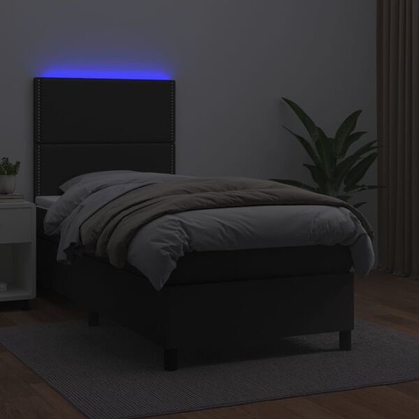 vidaXL Pat cu arcuri, cu saltea și LED, negru, 90x200 cm, piele eco