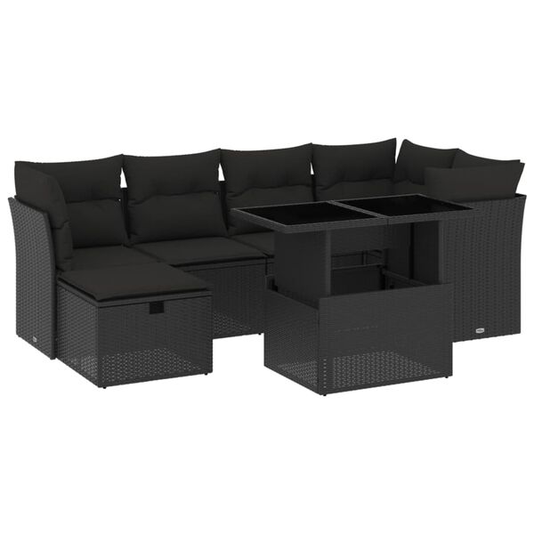 vidaXL Set canapele de grădină cu perne, 7 piese, negru, poliratan