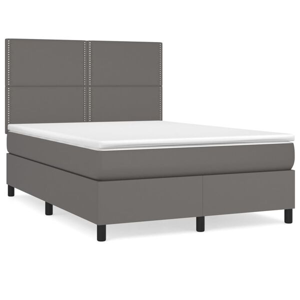vidaXL Pat box spring cu saltea, gri, 140x200 cm, piele ecologică