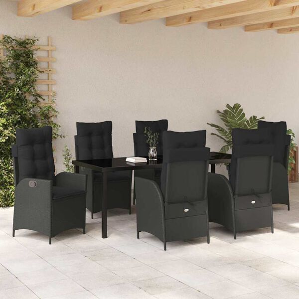 vidaXL Set de masă pentru grădină cu pernă 7 pcs Negru poliratan