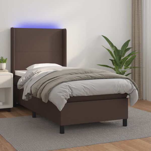 vidaXL Pat cu arcuri, saltea și LED, maro, 90x190 cm, piele ecologică