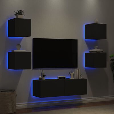 vidaXL Comode TV de perete cu lumini LED, 5 piese, negru