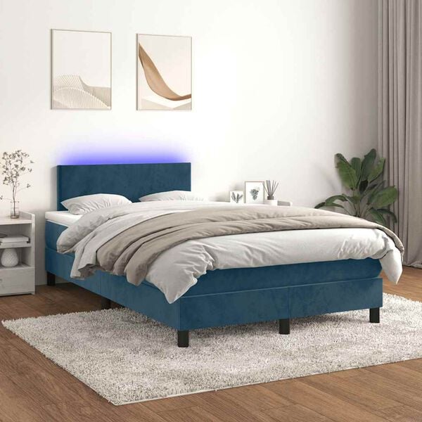 vidaXL Pat box spring cu saltea/LED albastru &icirc;nchis 120x190cm catifea