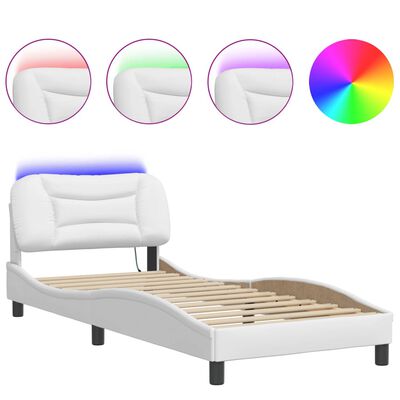 vidaXL Cadru de pat cu lumini LED, alb, 90x190 cm, piele ecologică
