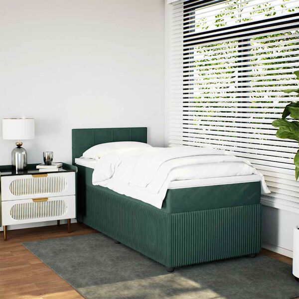 vidaXL Pat box spring cu saltea, verde închis, 90x190 cm, catifea