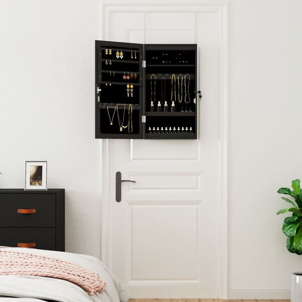 vidaXL Dulap de bijuterii cu oglindă și lumini LED, de perete, negru
