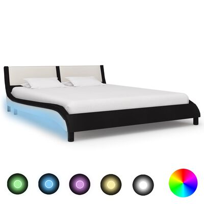 vidaXL Cadru de pat cu LED, negru & alb, 160 x 200 cm, piele ecologică