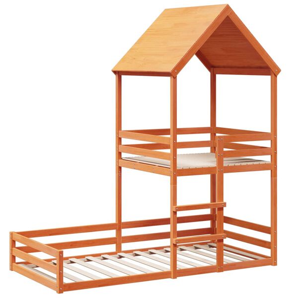 vidaXL Pat supraetajat cu acoperiș maro ceruit 90x190cm lemn masiv pin