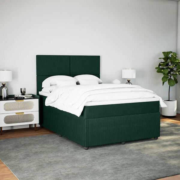vidaXL Pat box spring cu saltea, verde &icirc;nchis, 140x200 cm, catifea