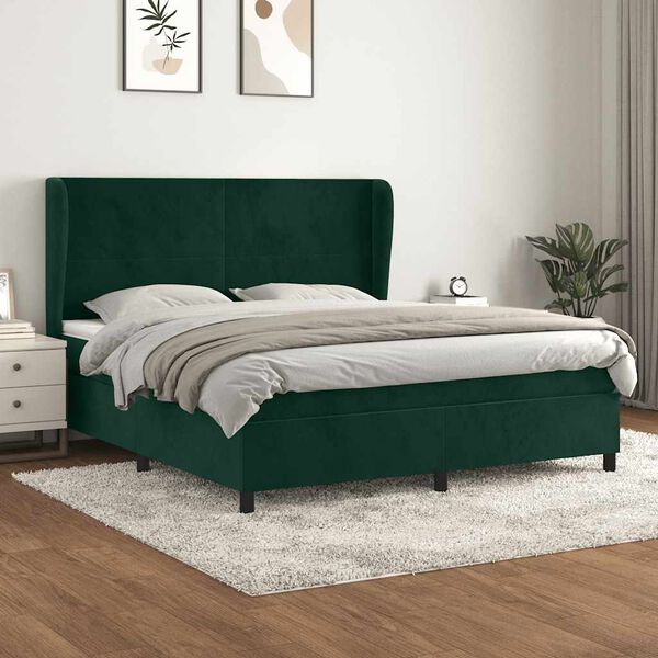 vidaXL Pat box spring cu saltea, verde &icirc;nchis, 180x200 cm, catifea