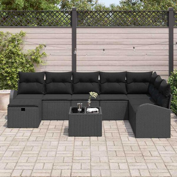 vidaXL Set de canapele pentru grădină cu pernă 9 pcs Negru Rattan poli