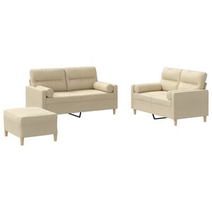 vidaXL Set de canapele cu perne, 3 piese, crem, textil
