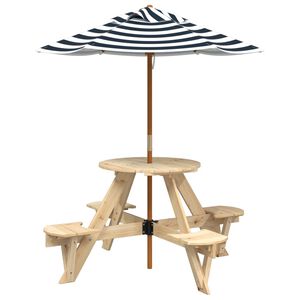 vidaXL Masă picnic pentru 4 copii cu umbrelă, rotundă, lemn masiv brad