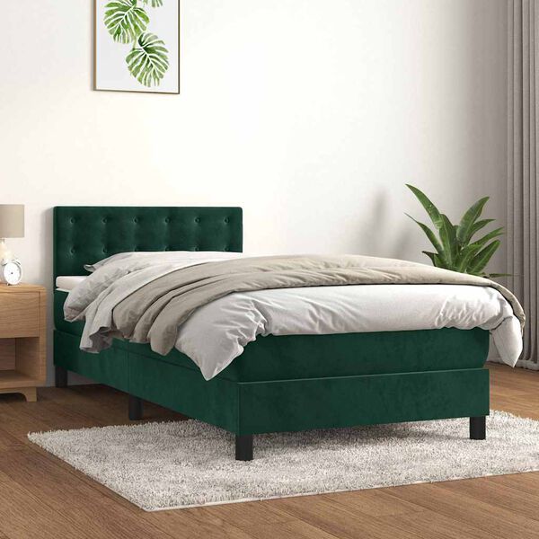 vidaXL Pat box spring cu saltea, verde &icirc;nchis, 90x200 cm, catifea