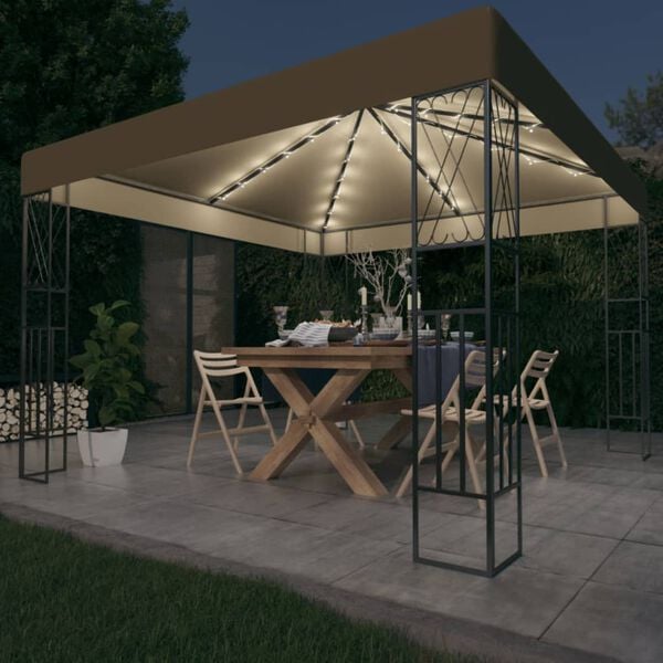 vidaXL Pavilion cu șiruri de lumini LED, gri taupe, 3x3 m, țesătură