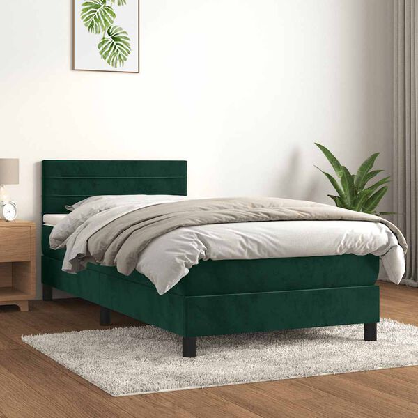 vidaXL Pat box spring cu saltea, verde &icirc;nchis, 90x190 cm, catifea