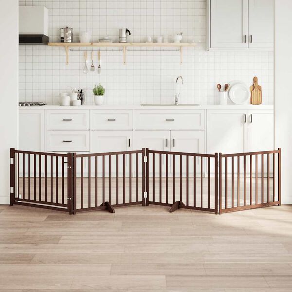 vidaXL Poartă c&acirc;ini pliabilă cu ușă 4 panouri maro 320 cm, lemn brad