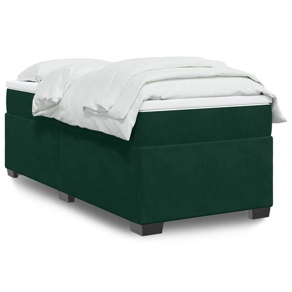 vidaXL Pat box spring cu saltea, verde &icirc;nchis, 90x200 cm, catifea