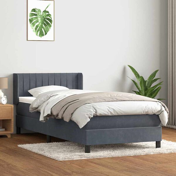vidaXL Pat box spring cu saltea, gri &icirc;nchis, 90x220 cm, catifea