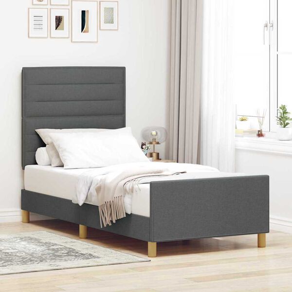 vidaXL Cadru de pat cu headboard Gri &icirc;nchis 90 x 200 cm țesătură