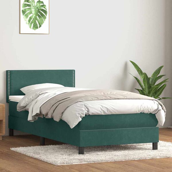 vidaXL Pat box spring cu saltea, verde &icirc;nchis, 80x210 cm, catifea