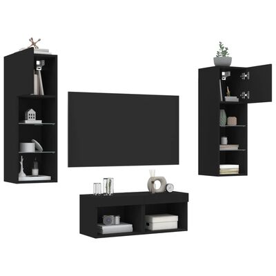 vidaXL Comode TV de perete cu lumini LED, 4 piese, negru
