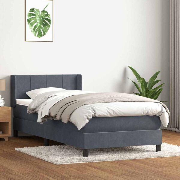 vidaXL Pat box spring cu saltea, gri &icirc;nchis, 100x220 cm, catifea
