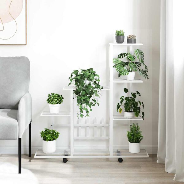 vidaXL Suport pentru flori cu roți, 94,5x25x92,5 cm, alb, metal