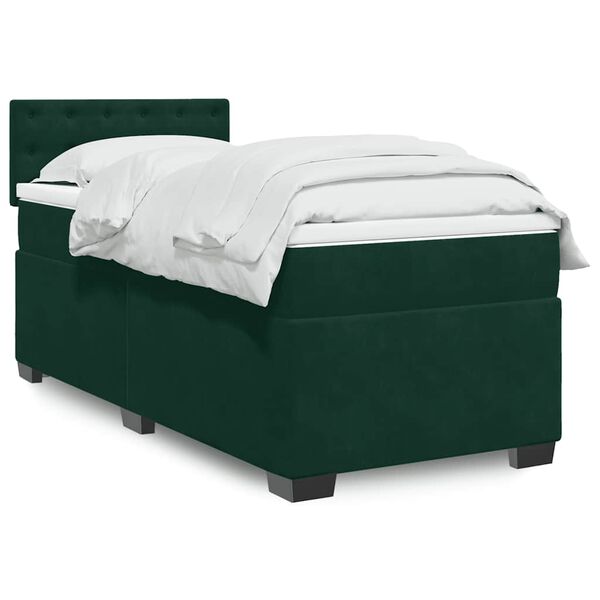 vidaXL Pat box spring cu saltea, verde &icirc;nchis, 90x190 cm, catifea