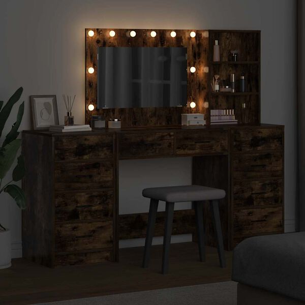 vidaXL Masă de Machiaj cu sertar 3 pcs Stejar fumuriu Lemn compozit