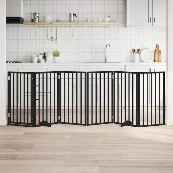 vidaXL Poartă c&acirc;ini pliabilă cu ușă 6 panouri negru, 300 cm, lemn plop